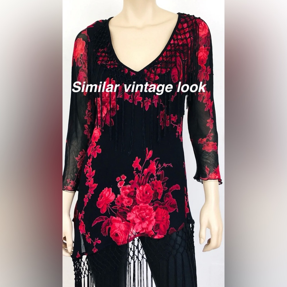 Top shop fringed vintage red and black open blouse look
